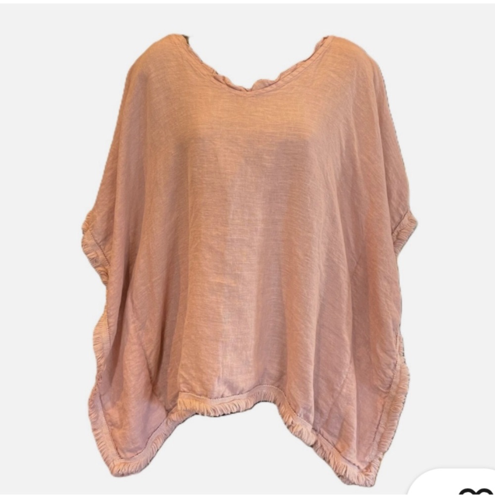 LUNGO L'ARNO 100% Linen Dusty Pink Lagenlook Boxy Linen Top With Fringe Hem